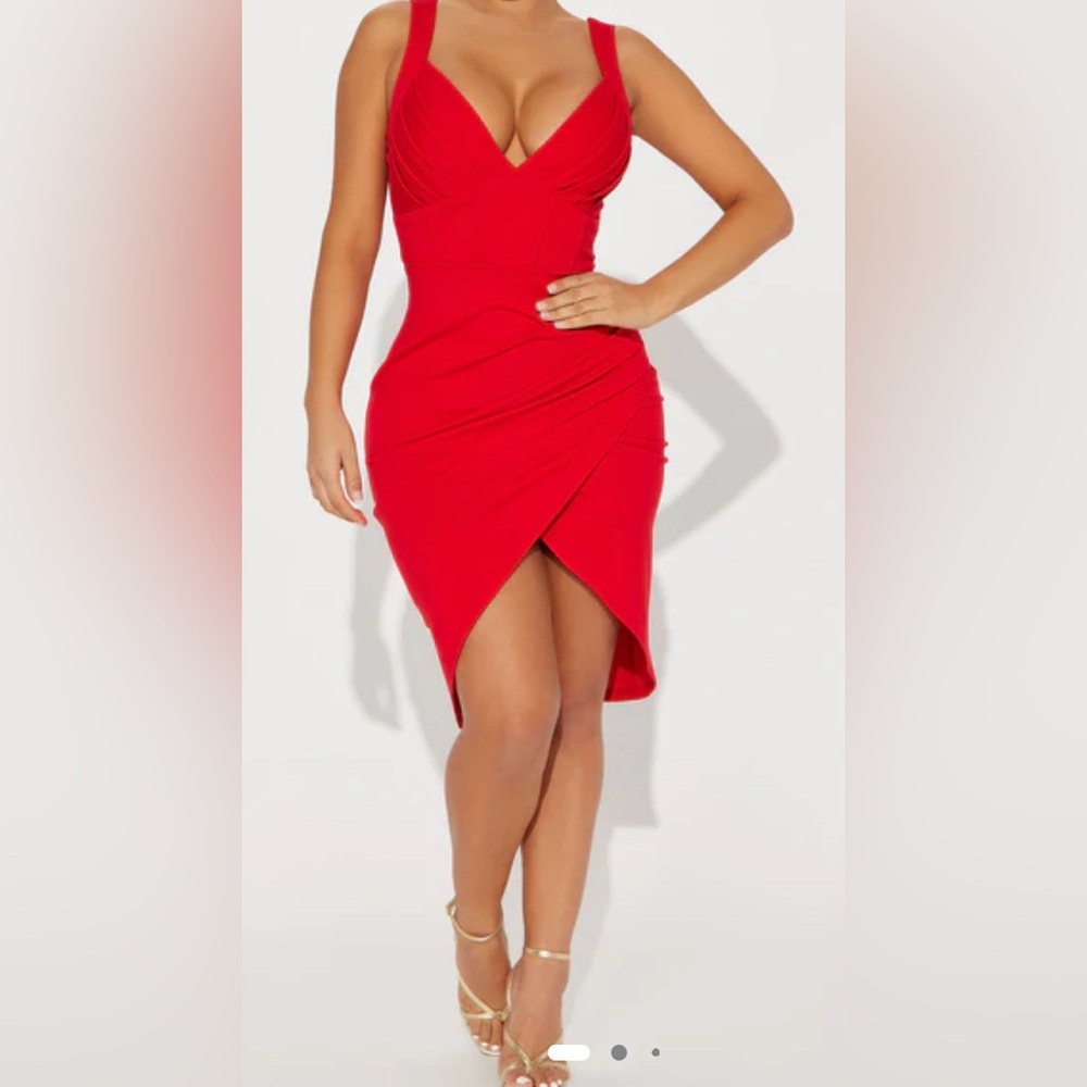 Fashion Nova- Second Date Midi Dress - Red- Size L